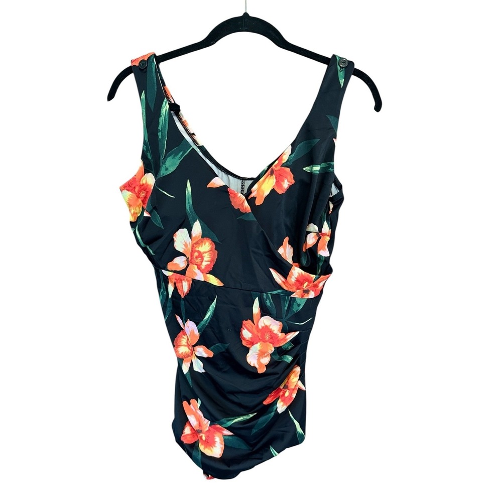 Maxine of Hollywood Black‎ Floral One Piece Swimsuit 20W Ruched Surplice